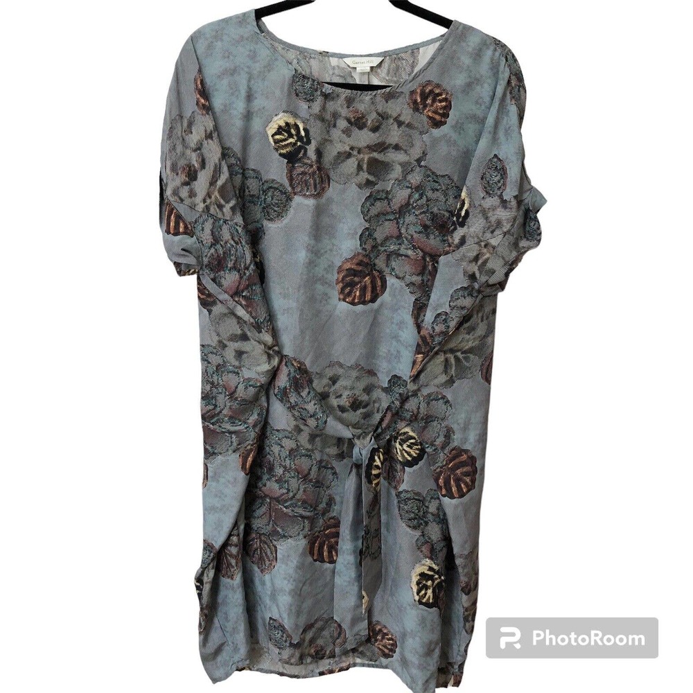 Garnet Hill SZ 08 Silk Tie Front Tunic Dress Short Sleeve Blue Gray Leaves Short